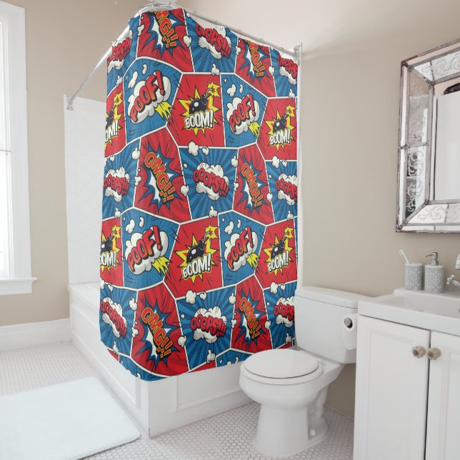 Superhero/Gamer Comic book design shower curtain (In Situ)