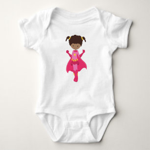 Superhero Girl, African American Girl, Pink Cape Baby Bodysuit