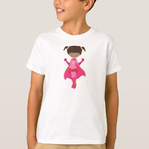 Superhero Girl, African American Girl, Pink Cape T-Shirt