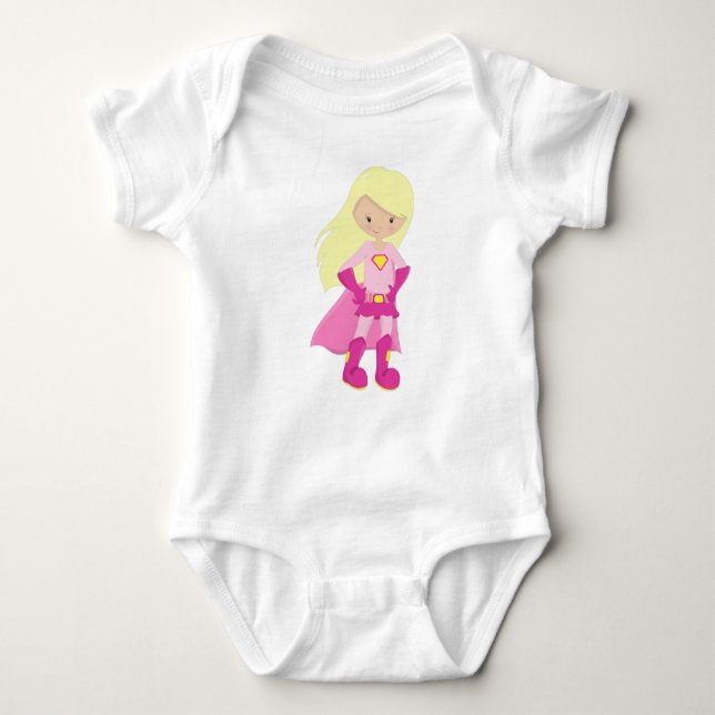 Superhero Girl, Blonde Hair, Cute Girl, Pink Cape Baby Bodysuit (Front)