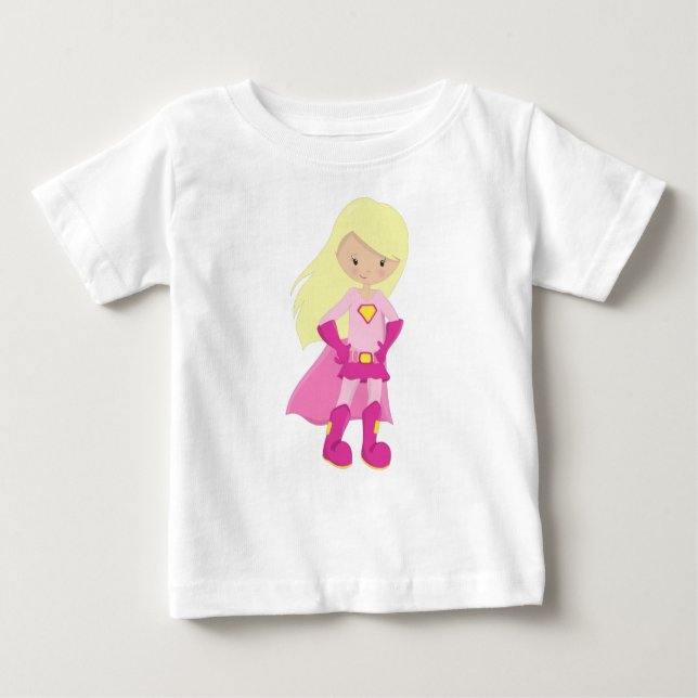 Superhero Girl, Blonde Hair, Cute Girl, Pink Cape Baby T-Shirt (Front)