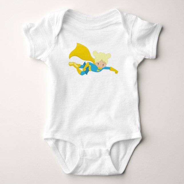 Superhero Girl, Blonde Hair, Hero, Yellow Cape Baby Bodysuit (Front)