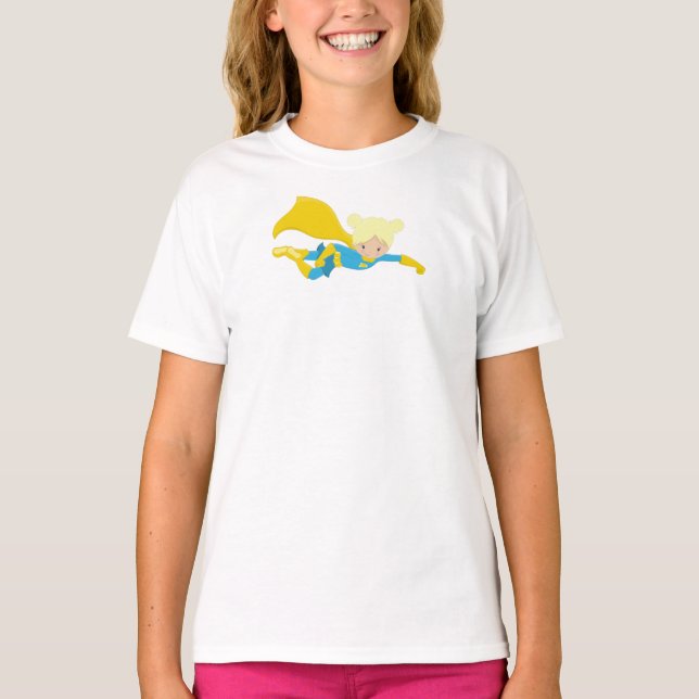 Superhero Girl, Blonde Hair, Hero, Yellow Cape T-Shirt (Front)