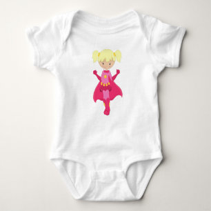 Superhero Girl, Blonde Hair, Pink Cape, Cute Girl Baby Bodysuit
