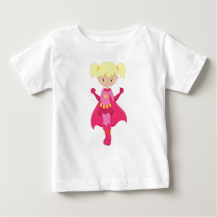 Superhero Girl, Blonde Hair, Pink Cape, Cute Girl Baby T-Shirt