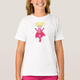 Superhero Girl, Blonde Hair, Pink Cape, Cute Girl T-Shirt