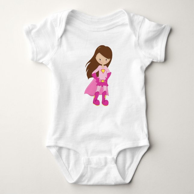Superhero Girl, Brown Hair, Cute Girl, Pink Cape Baby Bodysuit (Front)