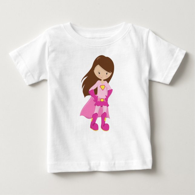 Superhero Girl, Brown Hair, Cute Girl, Pink Cape Baby T-Shirt (Front)