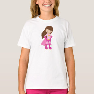 Superhero Girl, Brown Hair, Cute Girl, Pink Cape T-Shirt