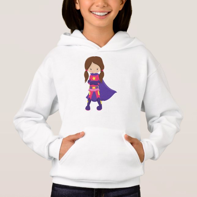 Superhero Girl, Brown Hair, Cute Girl, Purple Cape (Front)