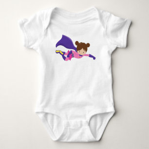 Superhero Girl, Brown Hair, Purple Cape, Cute Girl Baby Bodysuit