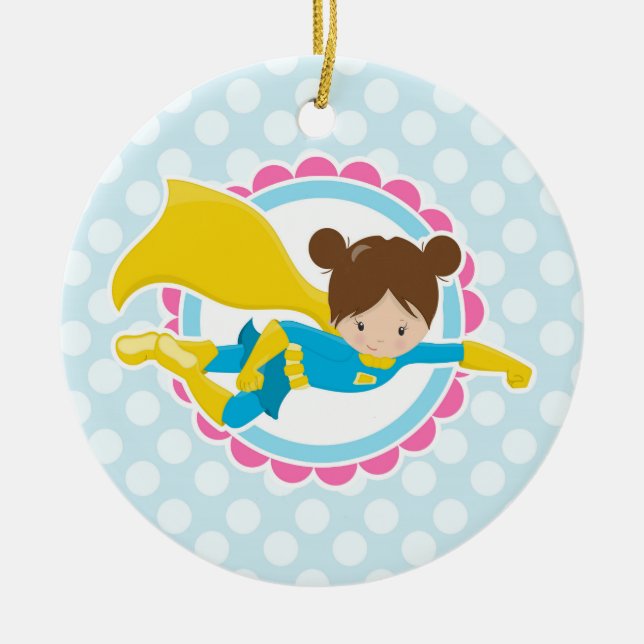 Superhero Girl - Cute Flying Hero In Cape Ceramic Tree Decoration (Front)