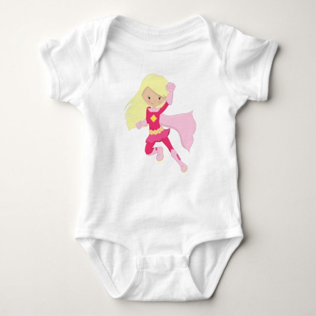 Superhero Girl, Cute Girl, Blonde Hair, Pink Cape Baby Bodysuit (Front)