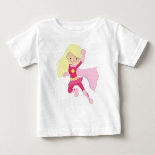 Superhero Girl, Cute Girl, Blonde Hair, Pink Cape Baby T-Shirt