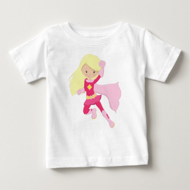 Superhero Girl, Cute Girl, Blonde Hair, Pink Cape Baby T-Shirt (Front)