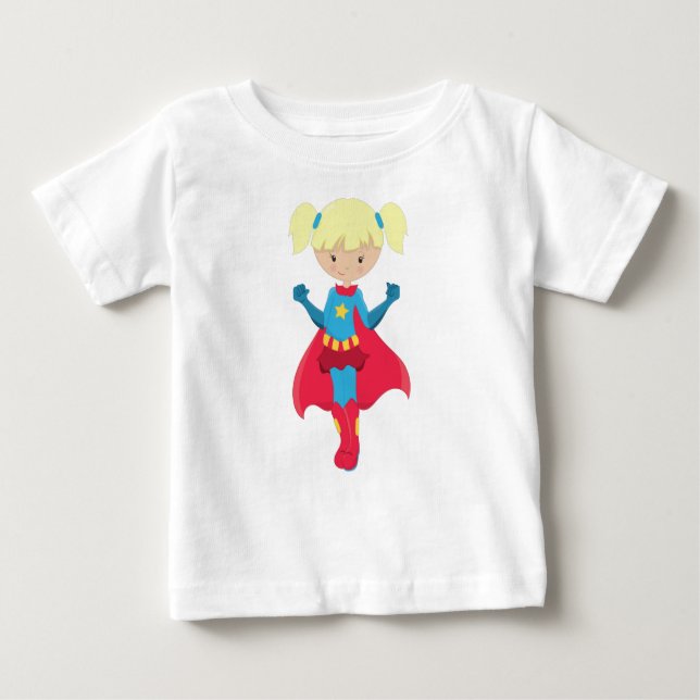 Superhero Girl, Cute Girl, Blonde Hair, Red Cape Baby T-Shirt (Front)