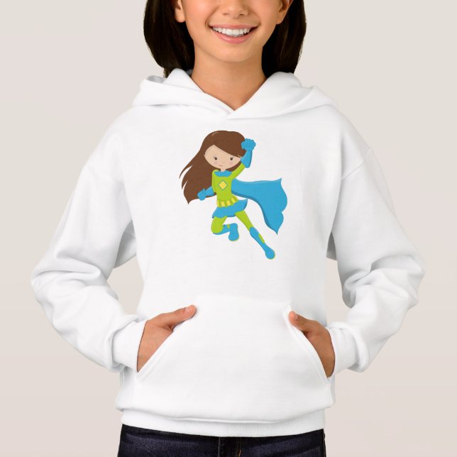 Superhero Girl, Cute Girl, Brown Hair, Blue Cape (Front)