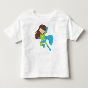 Superhero Girl, Cute Girl, Brown Hair, Blue Cape Toddler T-Shirt