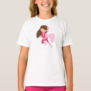 Superhero Girl, Cute Girl, Brown Hair, Pink Cape T-Shirt