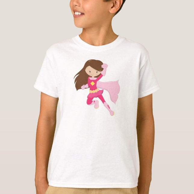 Superhero Girl, Cute Girl, Brown Hair, Pink Cape T-Shirt (Front)