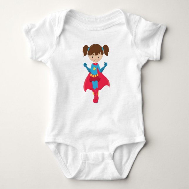 Superhero Girl, Cute Girl, Brown Hair, Red Cape Baby Bodysuit (Front)