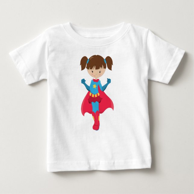Superhero Girl, Cute Girl, Brown Hair, Red Cape Baby T-Shirt (Front)