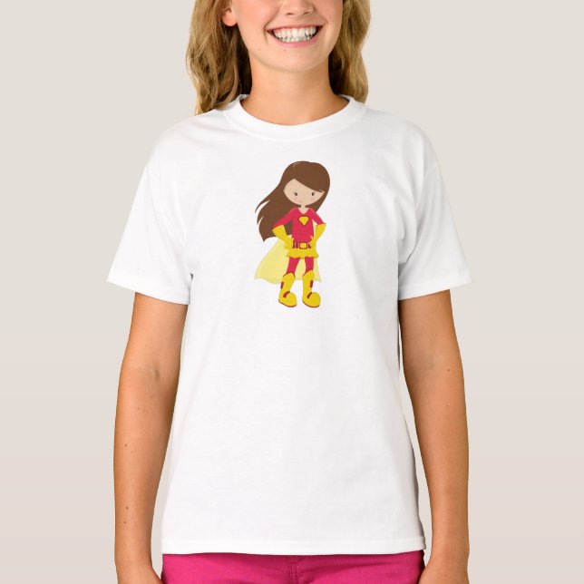 Superhero Girl, Cute Girl, Brown Hair, Red Costume T-Shirt (Front)