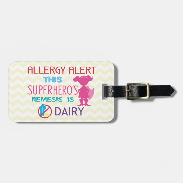 Superhero Girl Dairy Allergy Personalised Kids Luggage Tag (Front Horizontal)