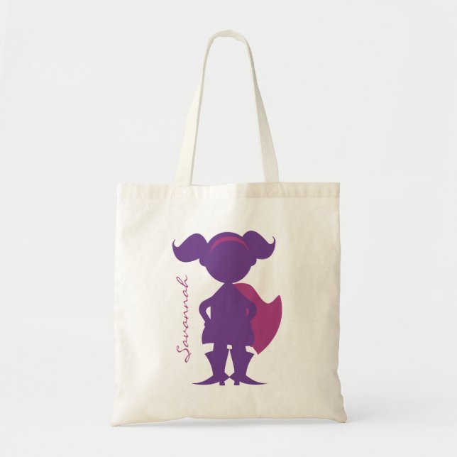 Superhero Girl Silhouette Personalised Purple Tote Bag (Front)