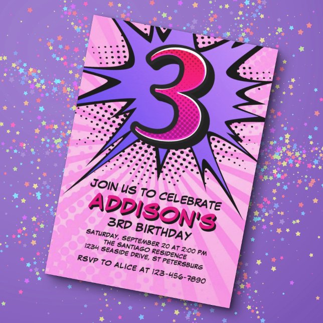 Superhero Girl's 3rd Birthday Invitation (Creator Uploaded)