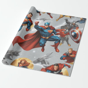superhero golden shields, silver lightning bolts wrapping paper