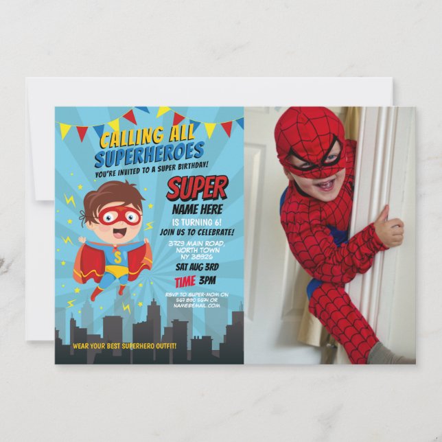 Superhero Invitation Boys Blue Photo Super Party (Front)