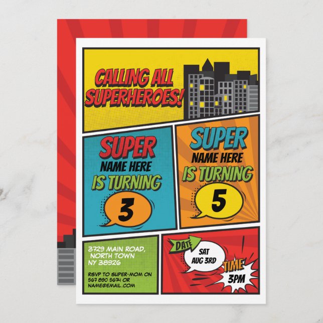 Superhero Invitation Shared Joint Party Boys Comic (Front/Back)
