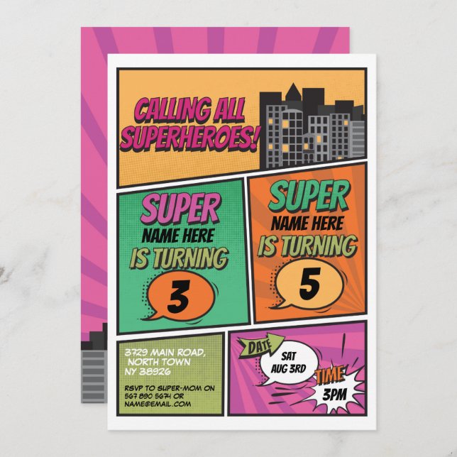 Superhero Invitation Shared Joint Party Pink Comic (Front/Back)