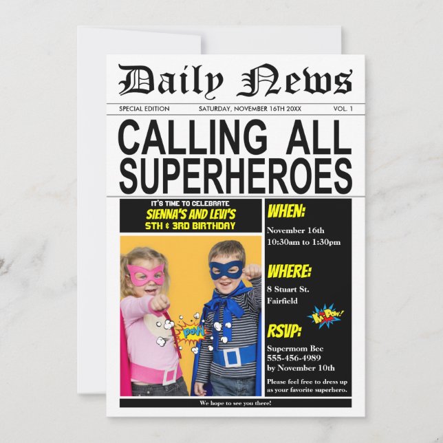 Superhero Joint Birthday Party Super Hero Photo Invitation (Front)