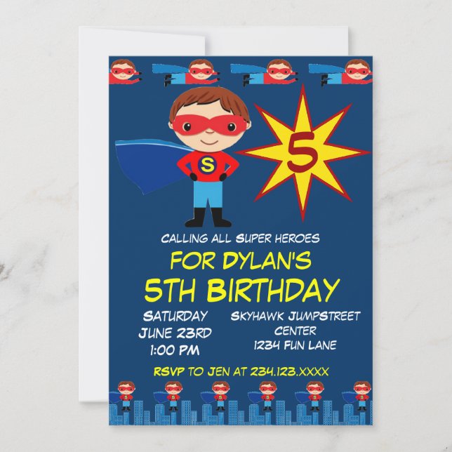 Superhero Kids Boys Birthday Party Invitation Blue (Front)