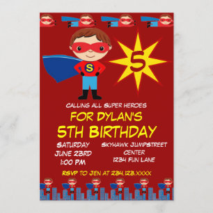 Superhero Kids Boys Birthday Party Invitations Red