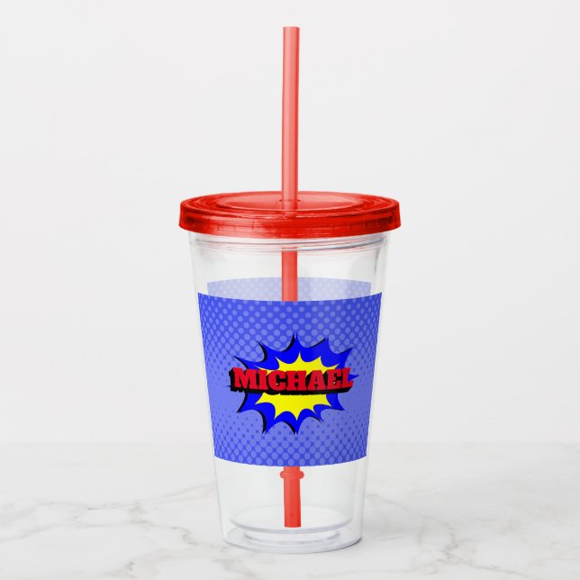 Superhero Kids Comic Book Personalised Name Acrylic Tumbler (Front)