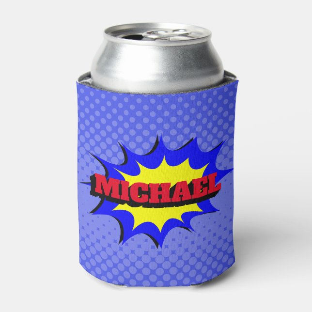 Superhero Kids Comic Book Personalised Name Can Cooler (Can Front)
