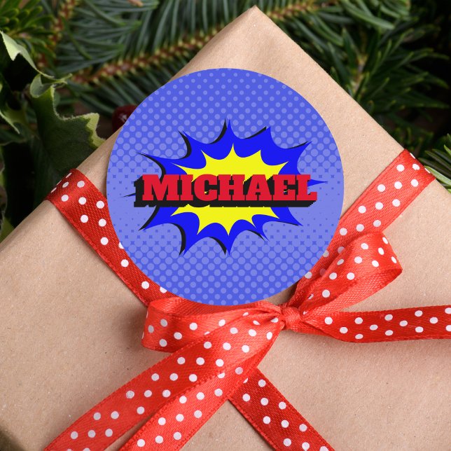 Superhero Kids Comic Book Personalised Name Classic Round Sticker (Creator Uploaded)