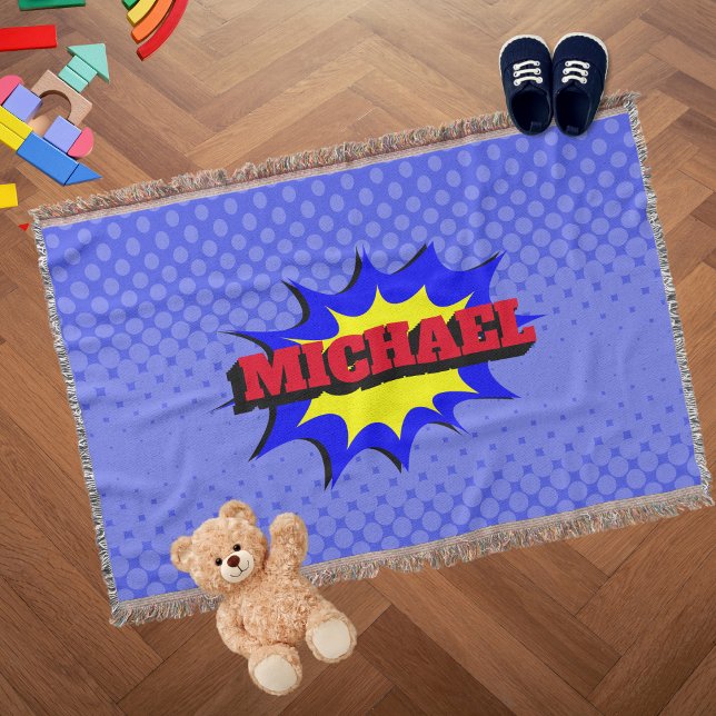 Superhero Kids Comic Book Personalised Name Throw Blanket (Creator Uploaded)