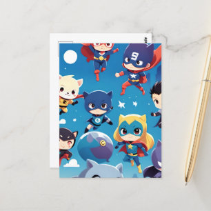 Superhero kids flying high postcard