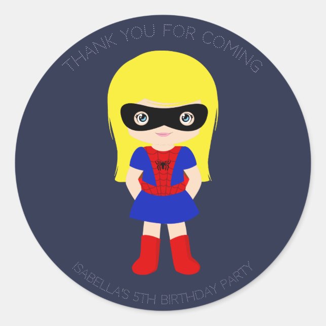 Superhero Kids Girls Birthday Party Blue Sticker (Front)