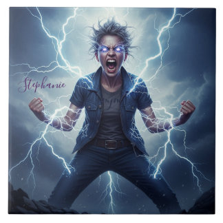 Superhero Lightning Energy Woman  Tile