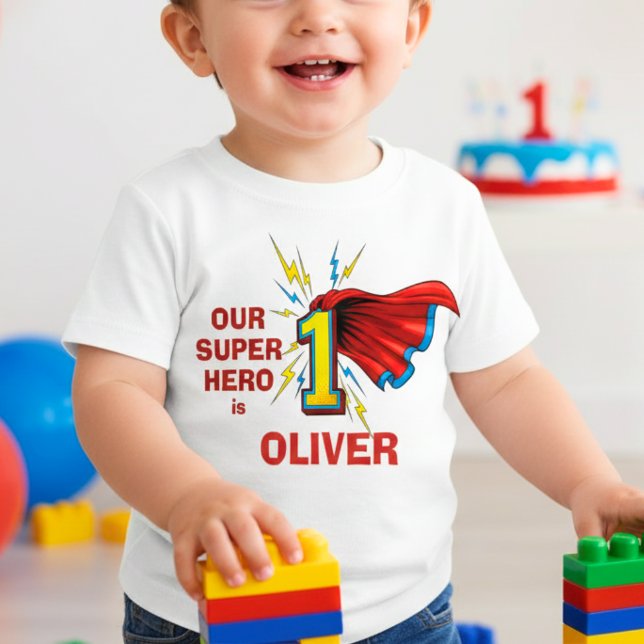 Superhero Number 1 with Cape First Birthday Baby T-Shirt (Creator Uploaded)