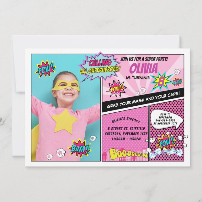 Superhero Party Super Hero Photo Girl Birthday Invitation (Front)