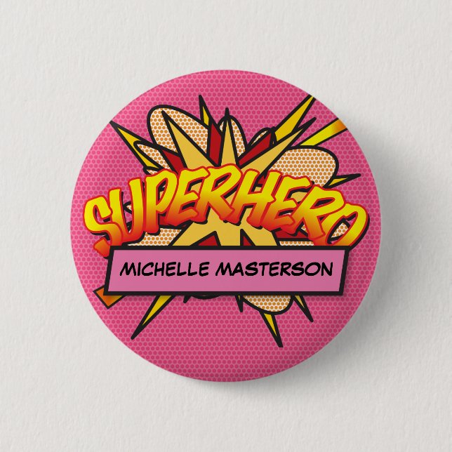 SUPERHERO Personalised Comic Book Pink 6 Cm Round Badge (Front)