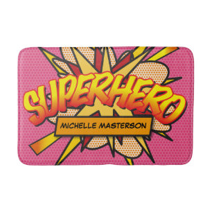 SUPERHERO Personalised Pink Comic Book Fun Bath Mat