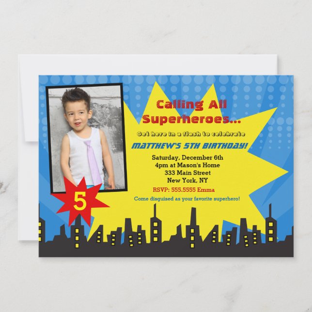 Superhero Photo Birthday Party Invitations (Front)