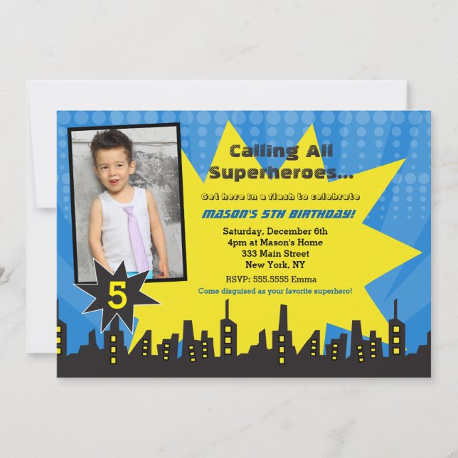 Superhero Photo Birthday Party Invitations (Front)